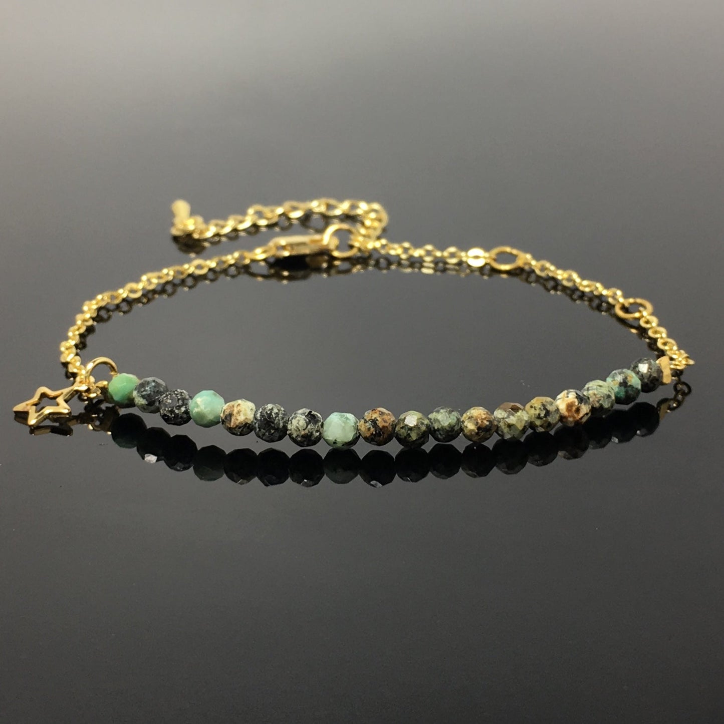 African Turquoise Gemstone Adjustable Bracelet Tiny Beads Gemstone Gold Plated Chain Linked Bracelet for Women