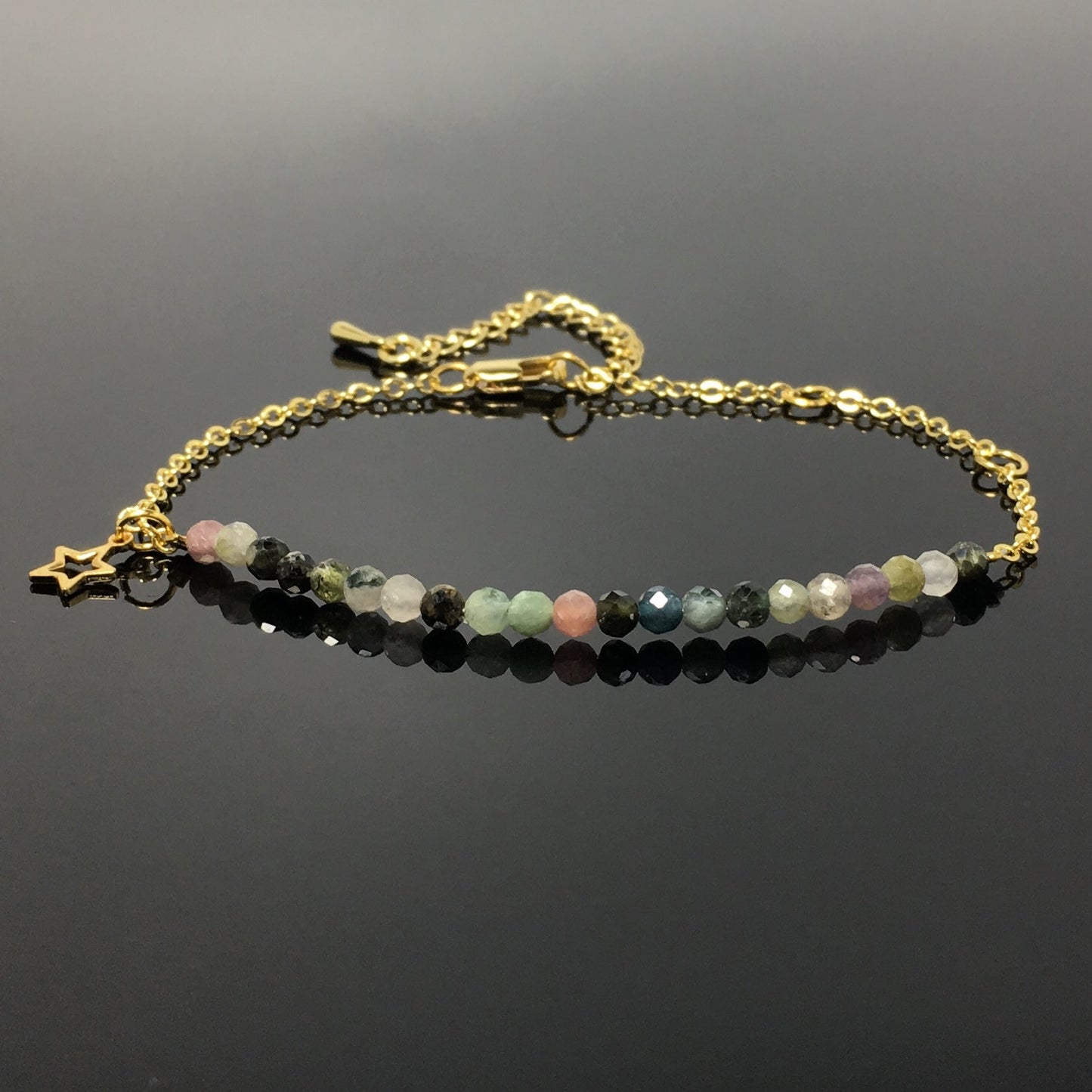 Tourmaline Gemstone Adjustable Bracelet Tiny Beads Gemstone Gold Plated Chain Linked Bracelet for Women