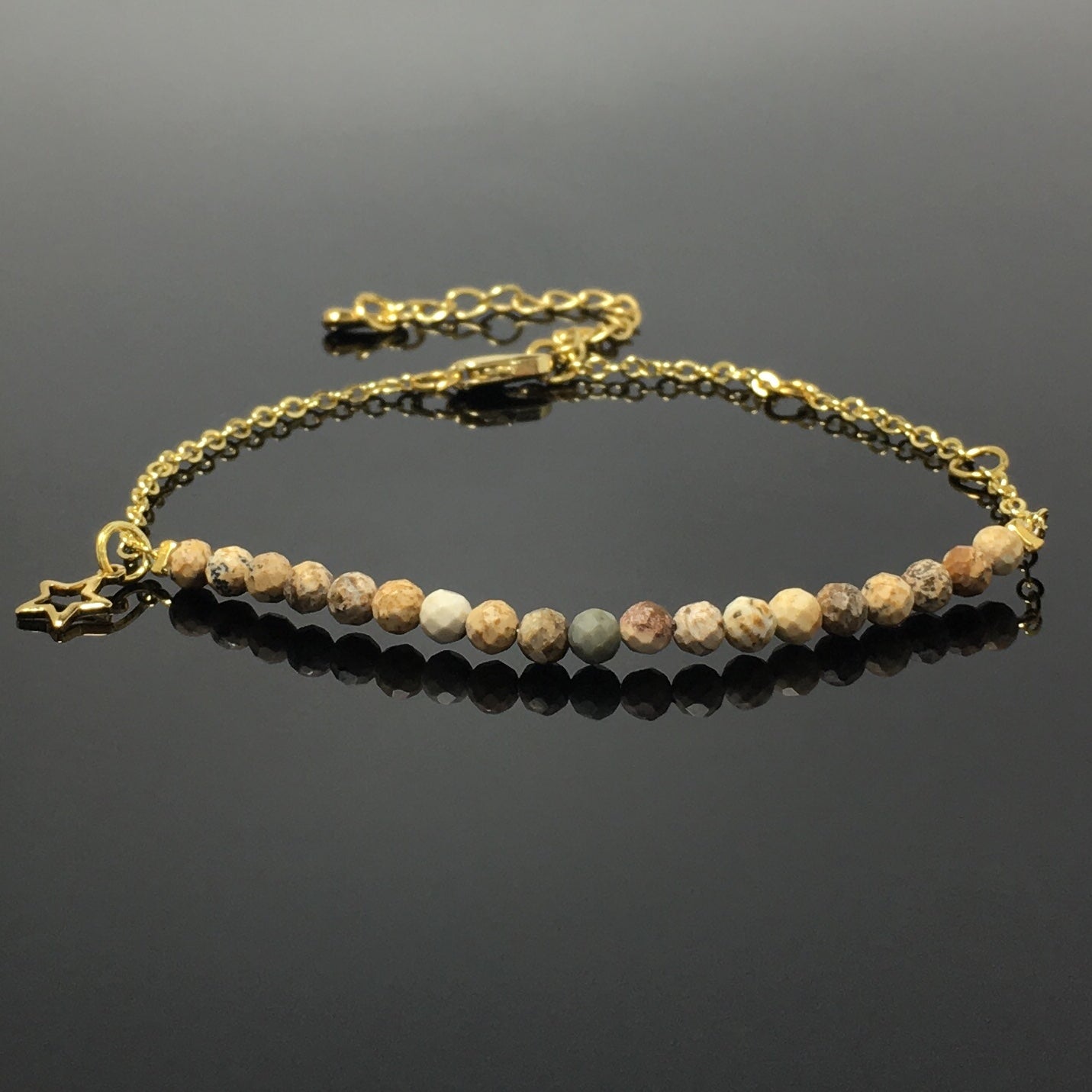 Picture Jasper Gemstone Adjustable Bracelet Tiny Beads Gemstone Gold Plated Chain Linked Bracelet for Women