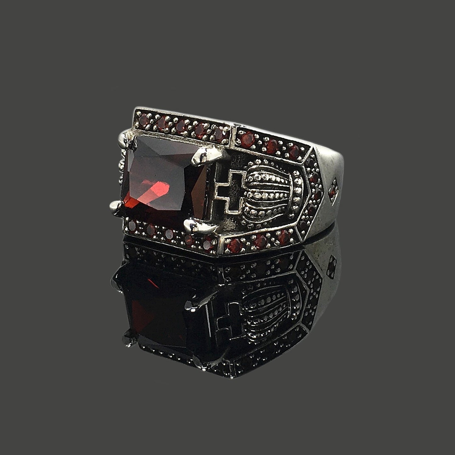 Retro Silver Crown Red Zircon Square Vampire Rings