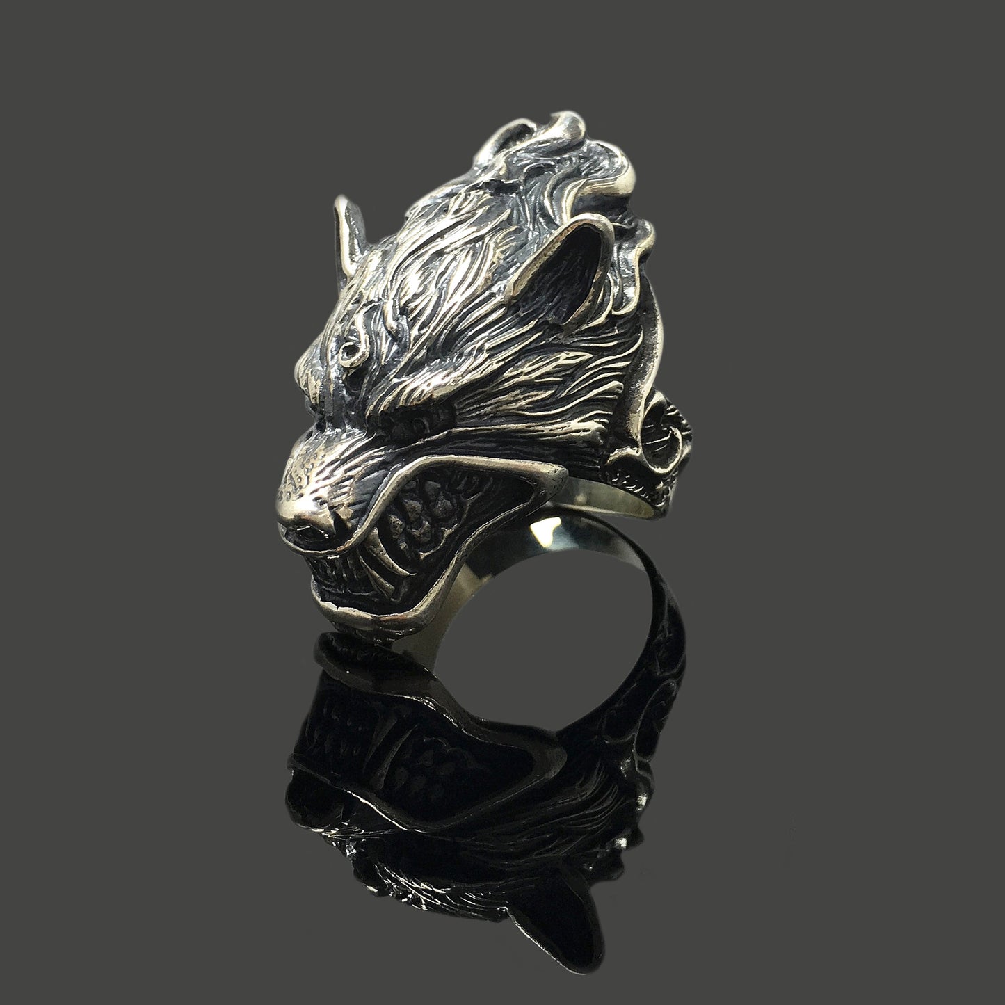 925 Sterling Silver Retro Wolf Head Ring