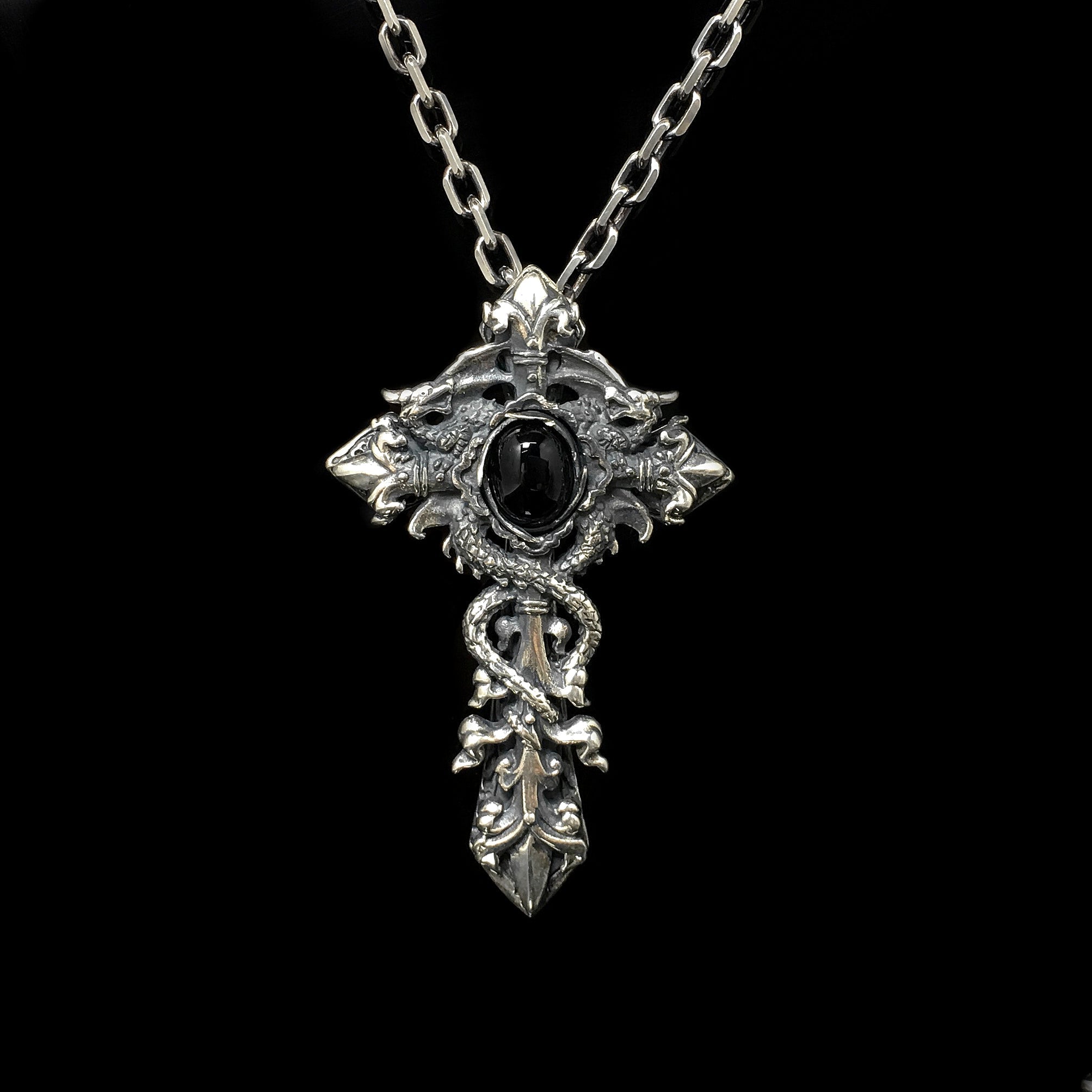 Antique Black Onyx Cross 925 Silver Pendant