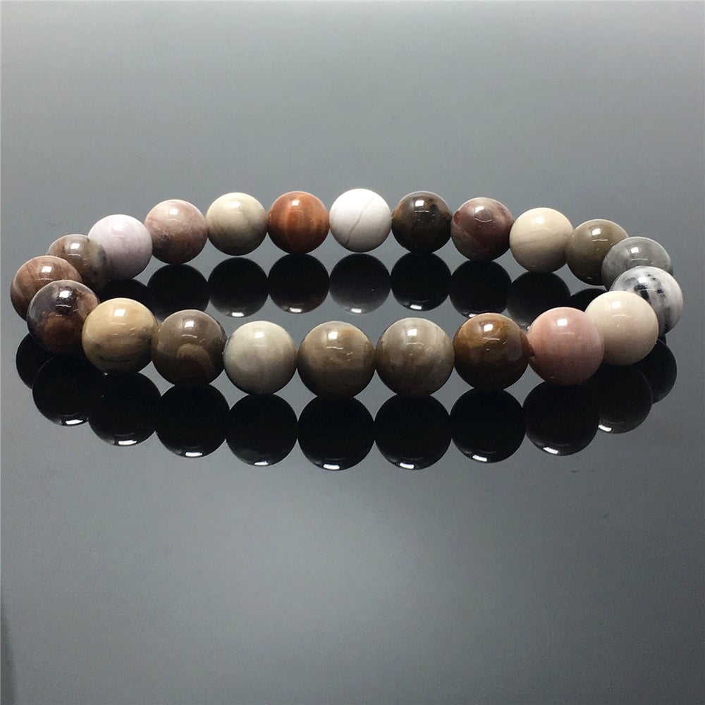 Wood Fossil Stone Gemstone Round Beaded Stone Bracelet
