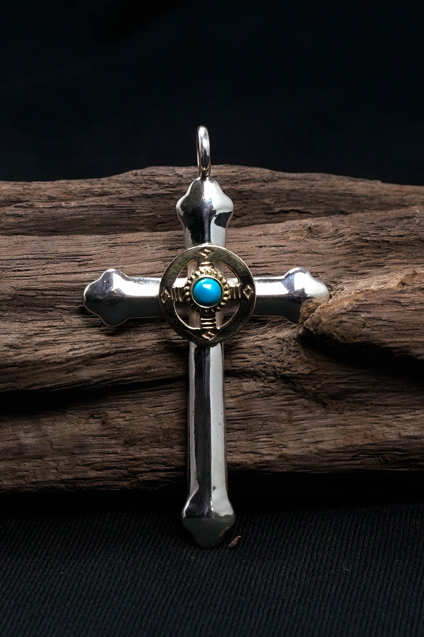Takahashi Goro Round Turquoise Brass Cross 925 Silver Pendant