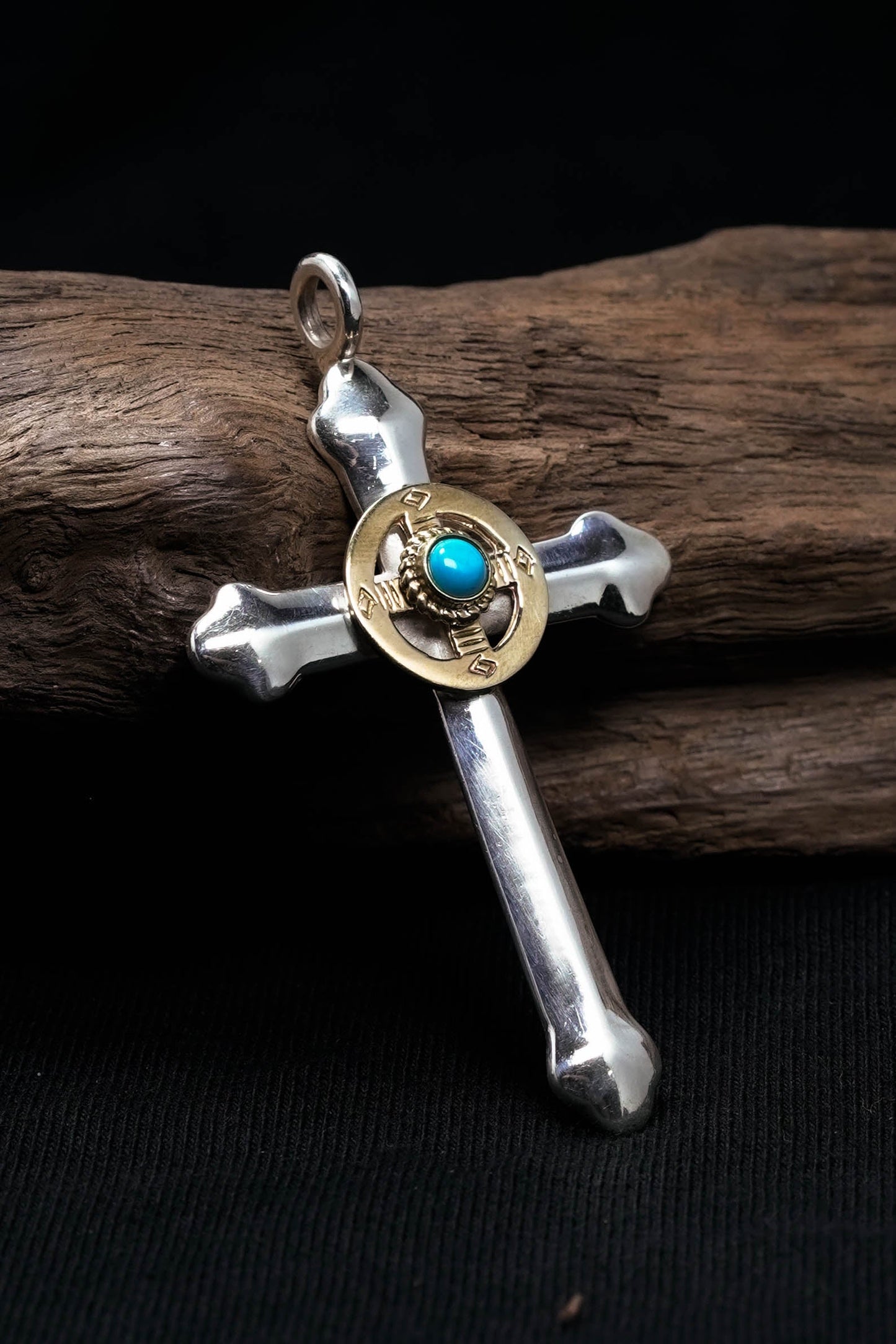 Takahashi Goro Round Turquoise Brass Cross 925 Silver Pendant