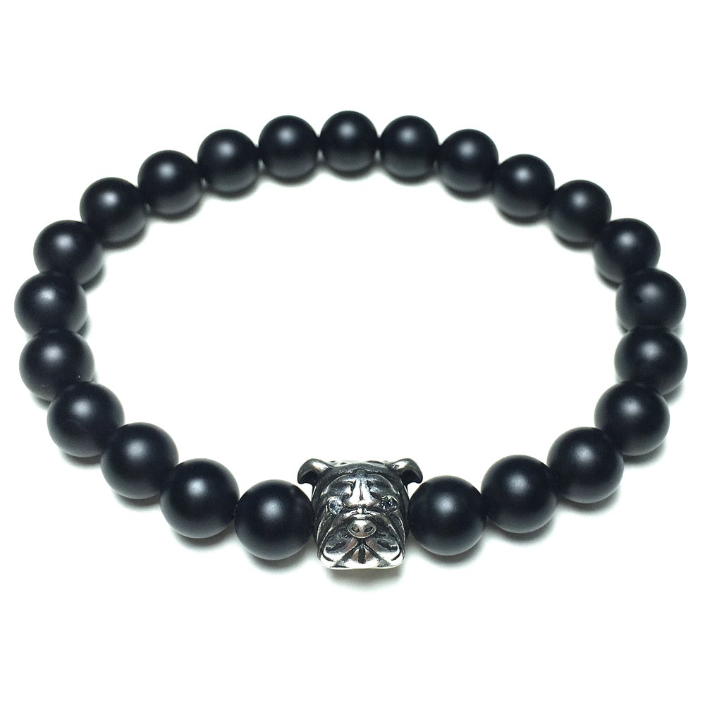 Matte Onyx Gemstone Beaded Bracelet Custom Beads Stretch Bracelet Bulldog Design for Women and Men Fashion Wear