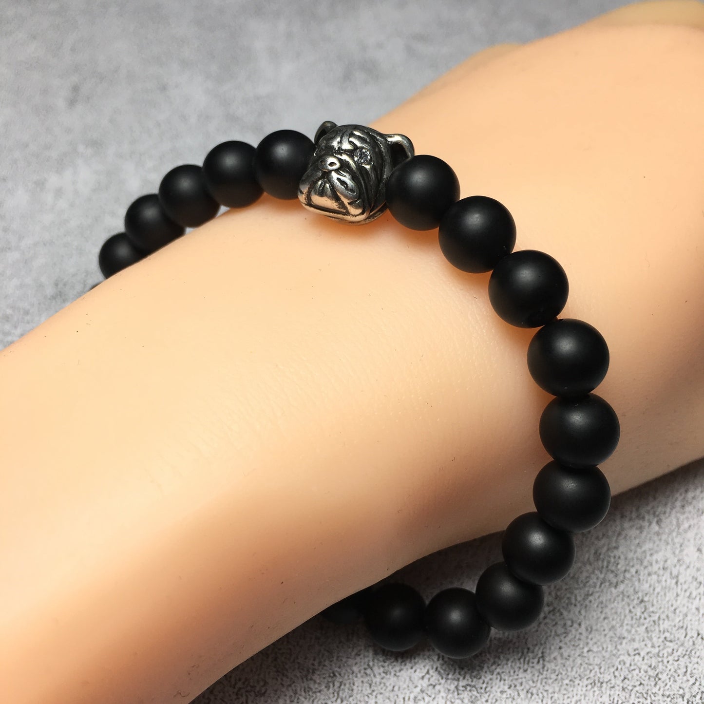 Matte Onyx Gemstone Beaded Bracelet Custom Beads Stretch Bracelet Bulldog Design for Women and Men Fashion Wear