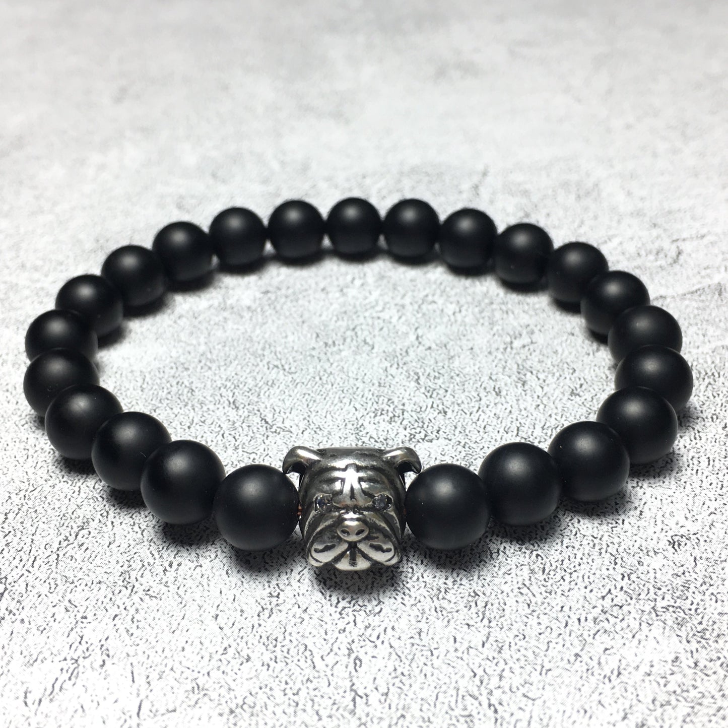 Matte Onyx Gemstone Beaded Bracelet Custom Beads Stretch Bracelet Bulldog Design for Women and Men Fashion Wear