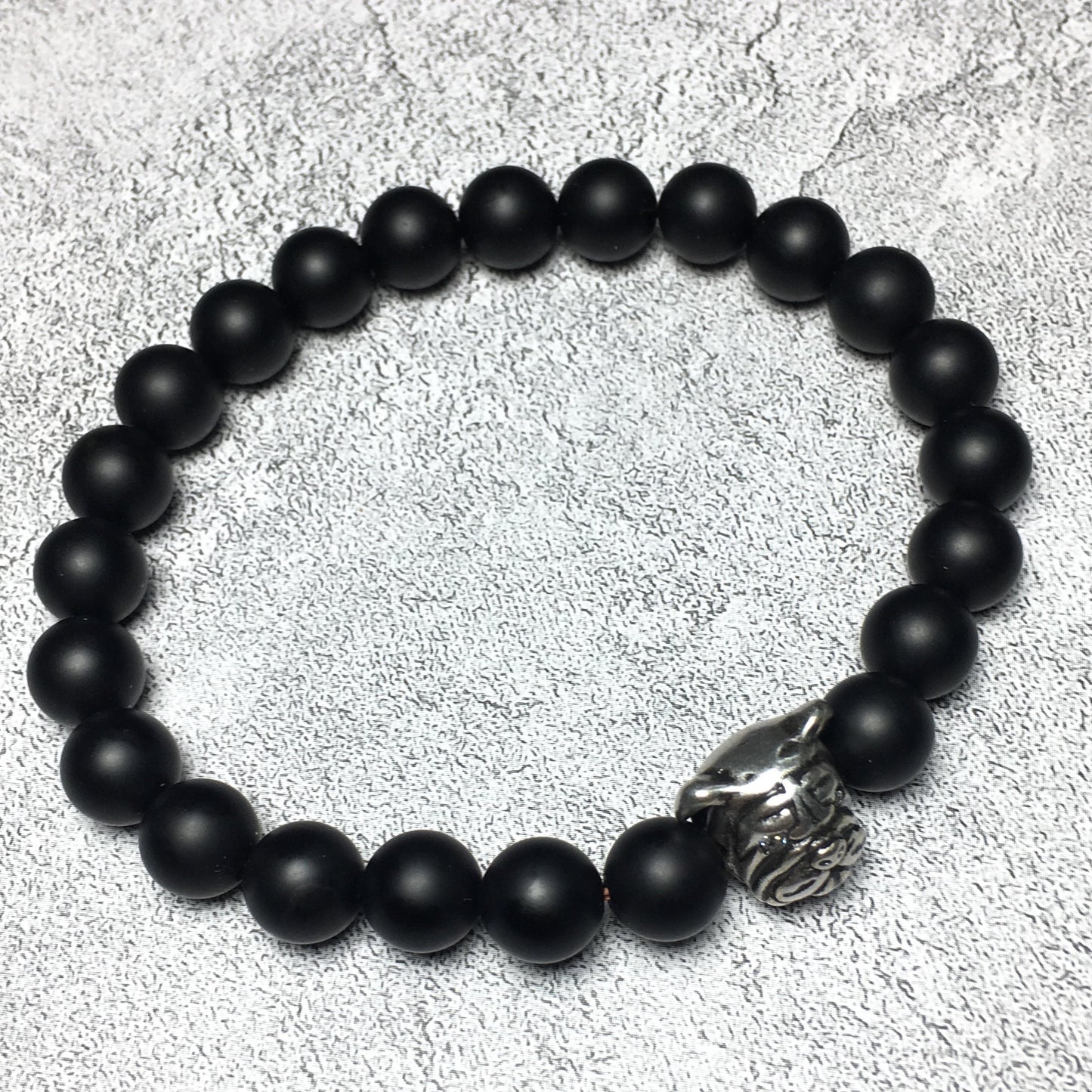 Matte Onyx Gemstone Beaded Bracelet Custom Beads Stretch Bracelet Bulldog Design for Women and Men Fashion Wear
