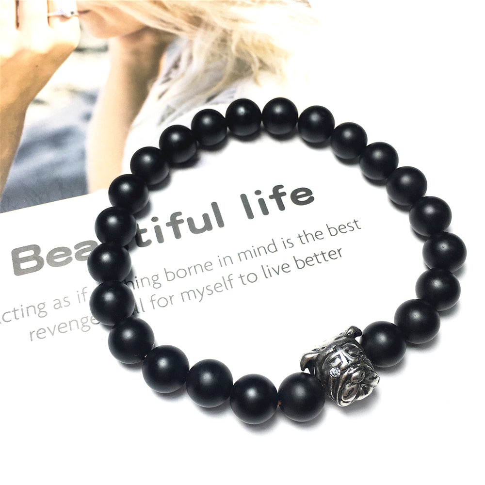 Matte Onyx Gemstone Beaded Bracelet Custom Beads Stretch Bracelet Bulldog Design for Women and Men Fashion Wear