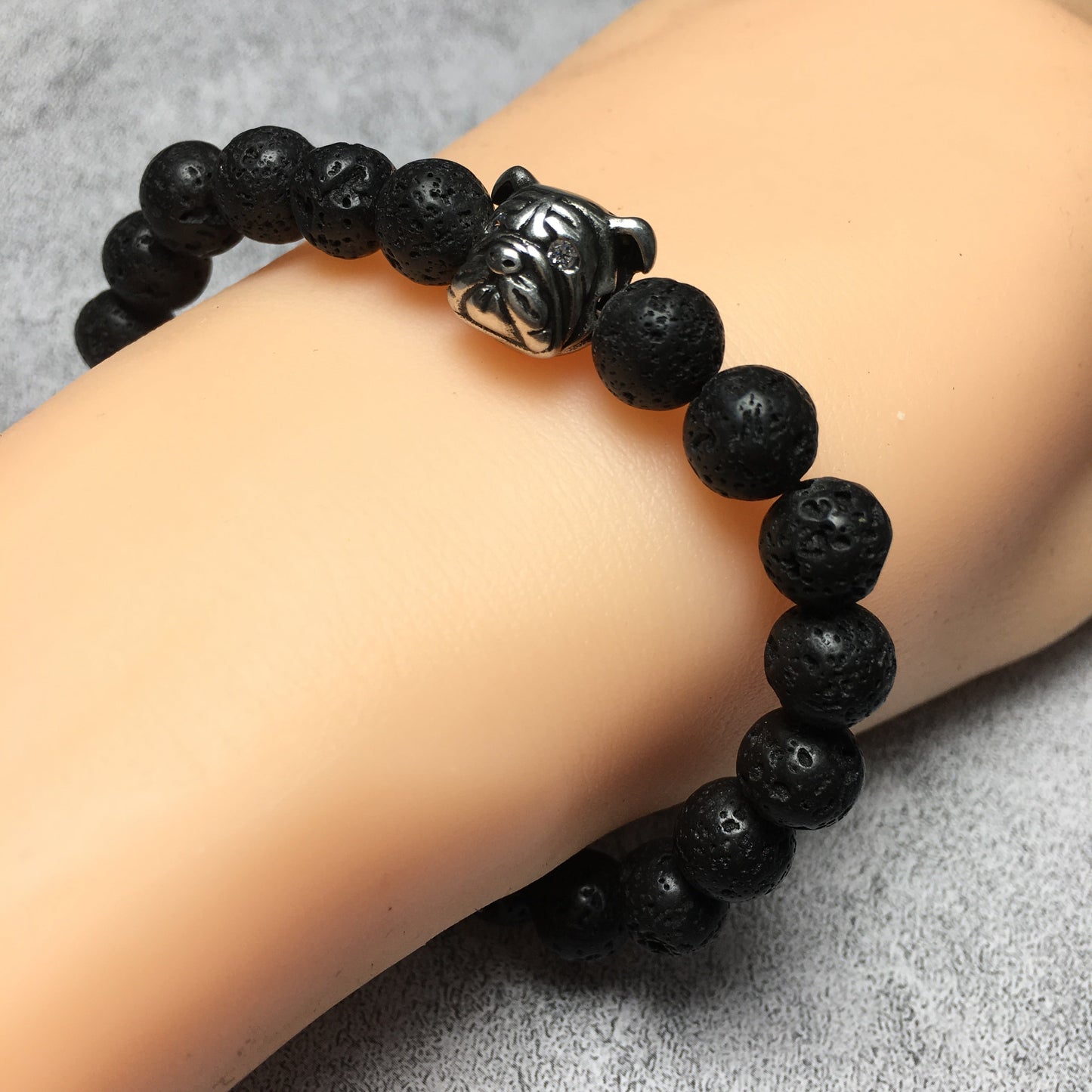 Lava Stone Gemstone Beaded Bracelet Custom Beads Adjustable Bracelet Bulldog Design for Women and Men Fashion Wear
