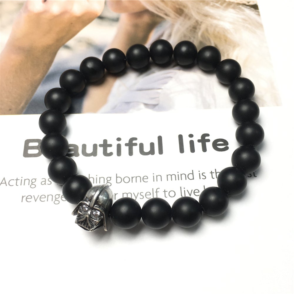 Black Matte Onyx Beads Gemstone with Imperial Darth Vader Charms Jewellery Elastic Handmade Bracelets