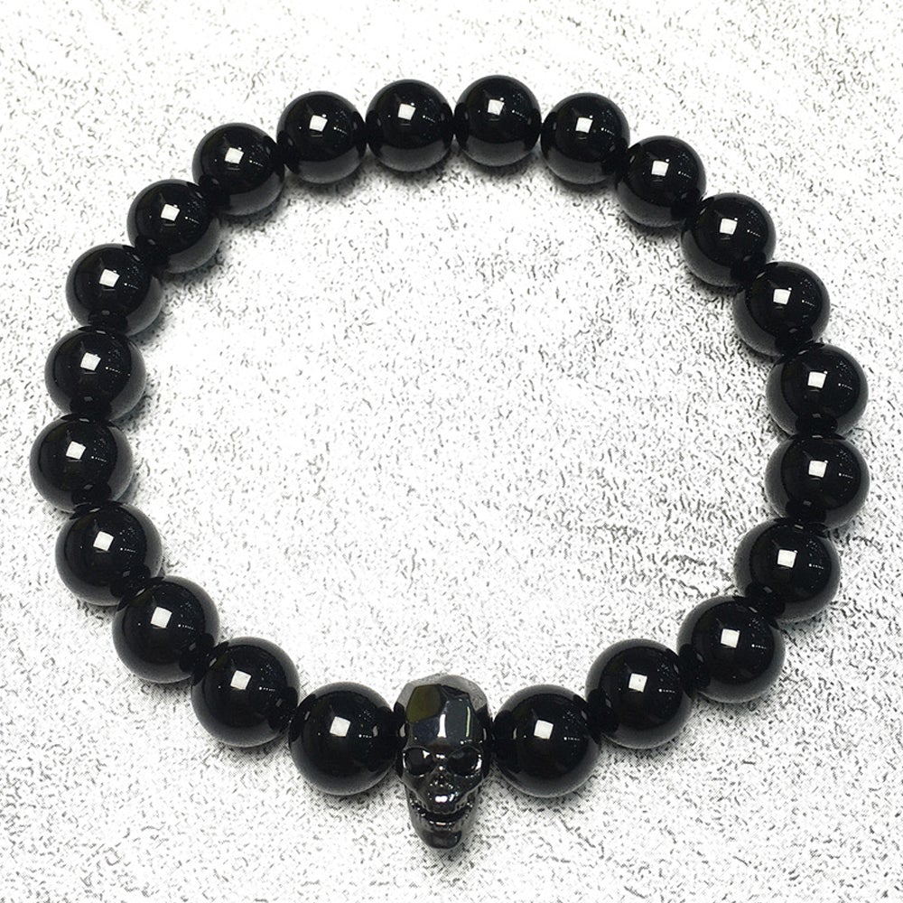 Black Only Gemstone Skull Pendant Handmade Beaded Bracelet