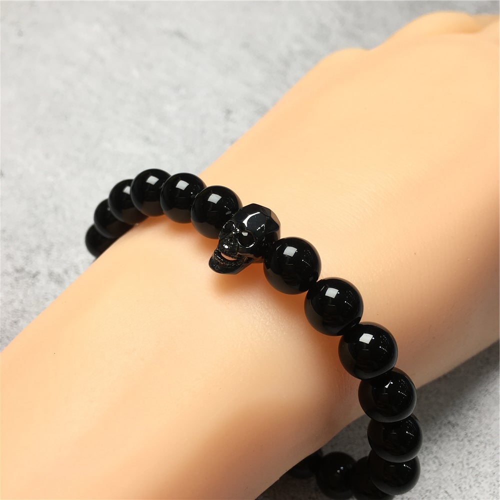 Black Only Gemstone Skull Pendant Handmade Beaded Bracelet