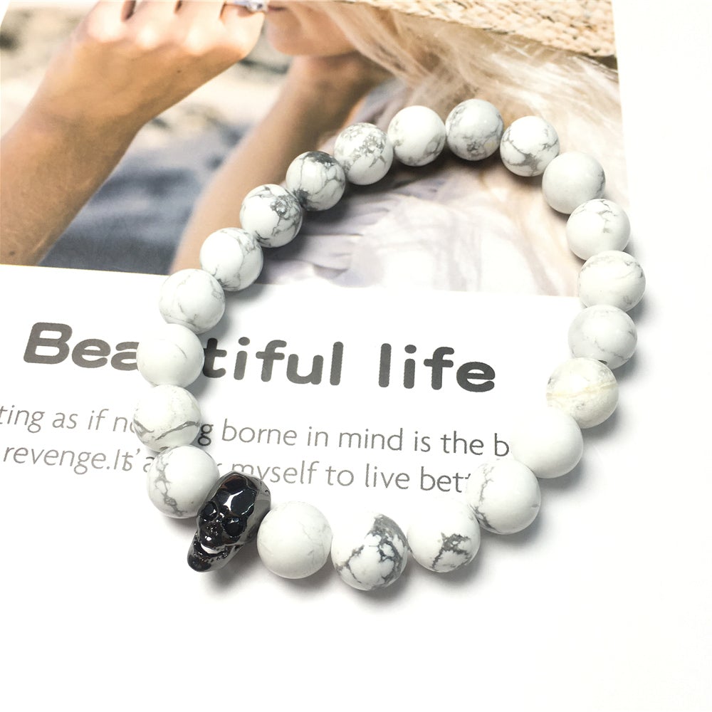 Skull Pendant Howlite Stone Beaded Bracelet