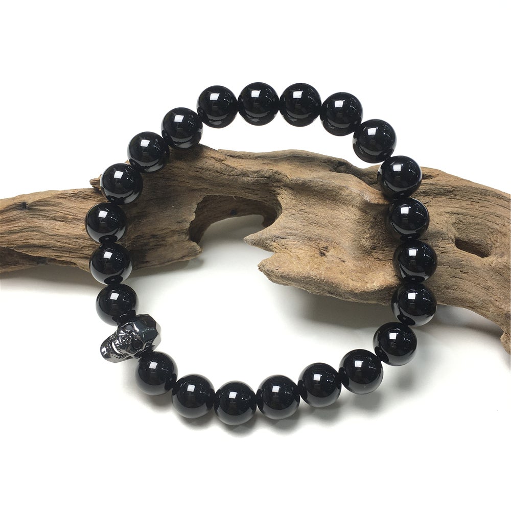 Black Only Gemstone Skull Pendant Handmade Beaded Bracelet