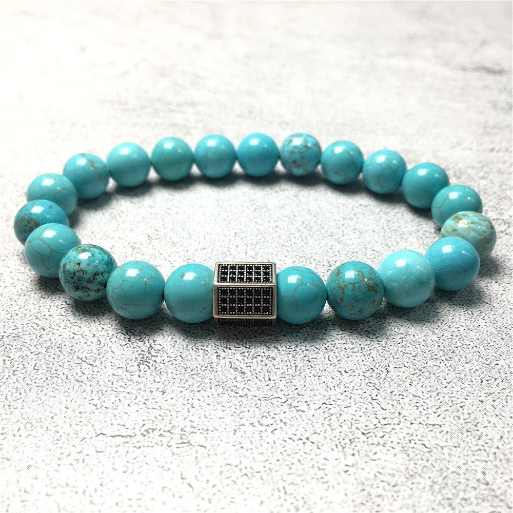 Blue Turqouise Stone Beads with Black Striped CZ Charms Elastic Rope Handmade Bracelets