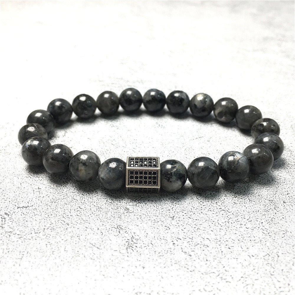 Labradorite Stone Beads with Black Striped CZ Charms Elastic Rope Handmade Bracelets
