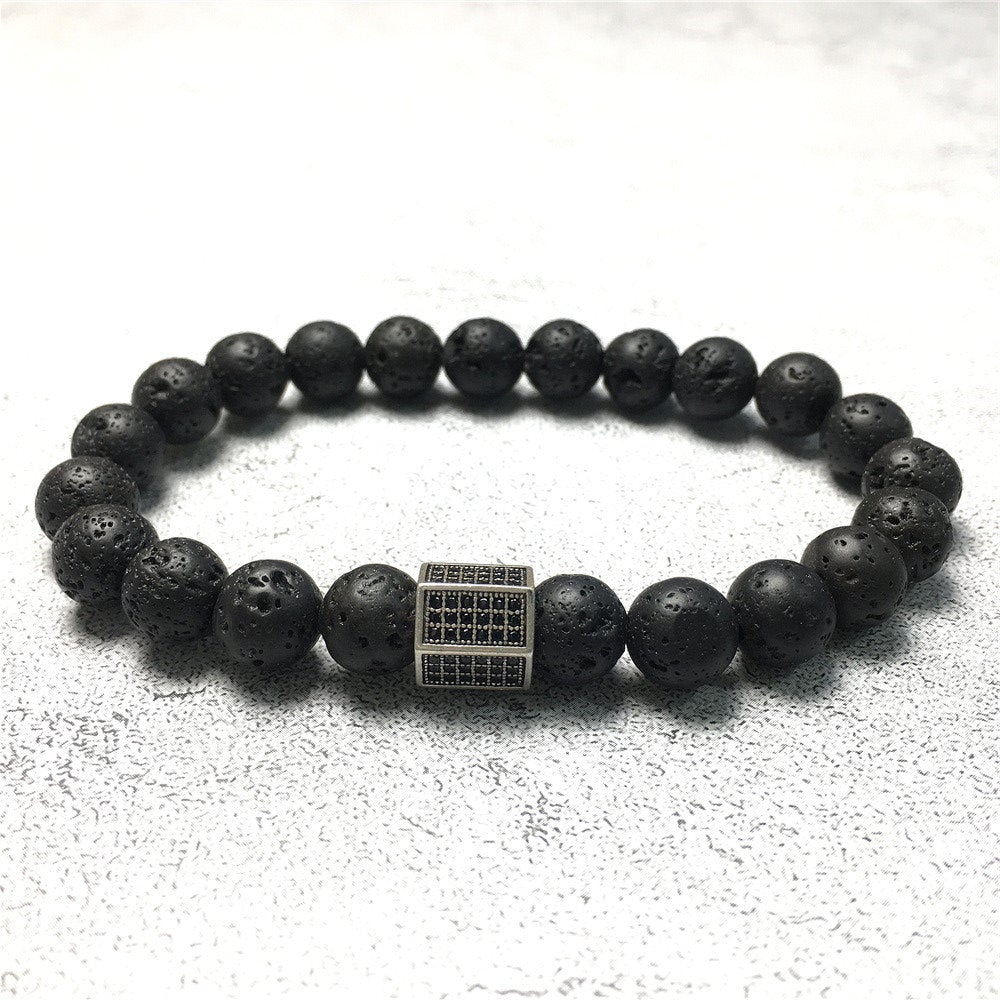Lava Stone Beads with Black Striped CZ Charms Elastic Rope Handmade Bracelets
