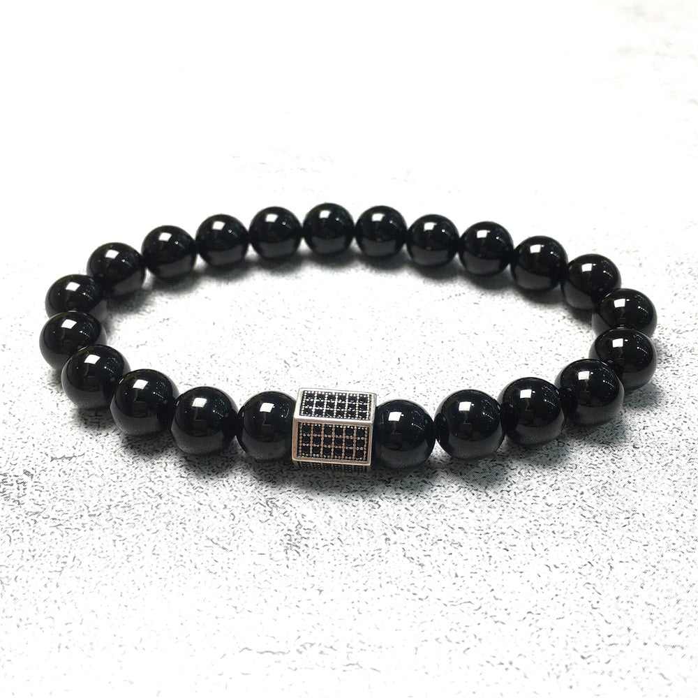 Black Striped CZ Charms Black Onyx Stone Beads Elastic Rope Handmade Bracelets