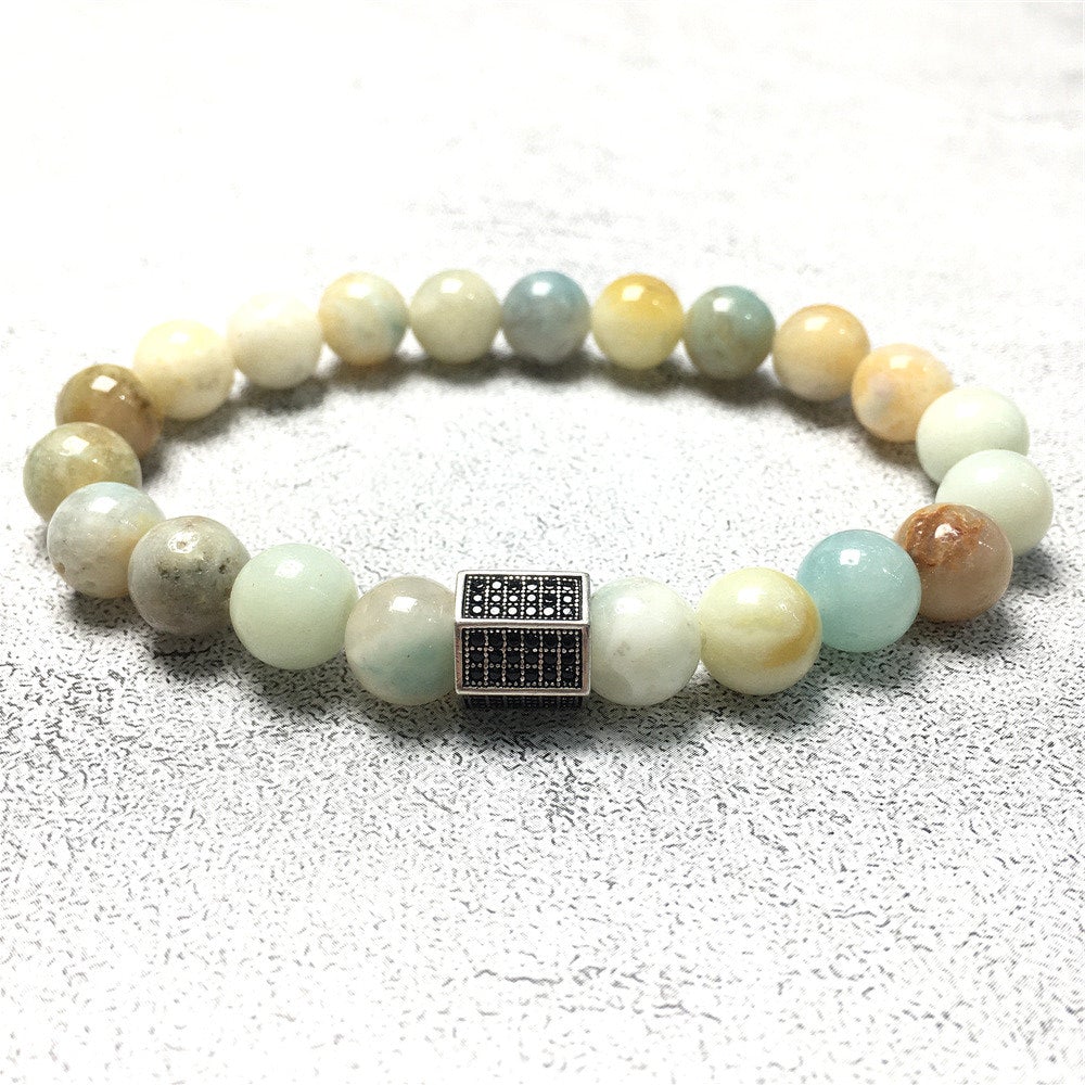 Amazonite Stone Beads with Black Striped CZ Charms Elastic Rope Handmade Bracelets