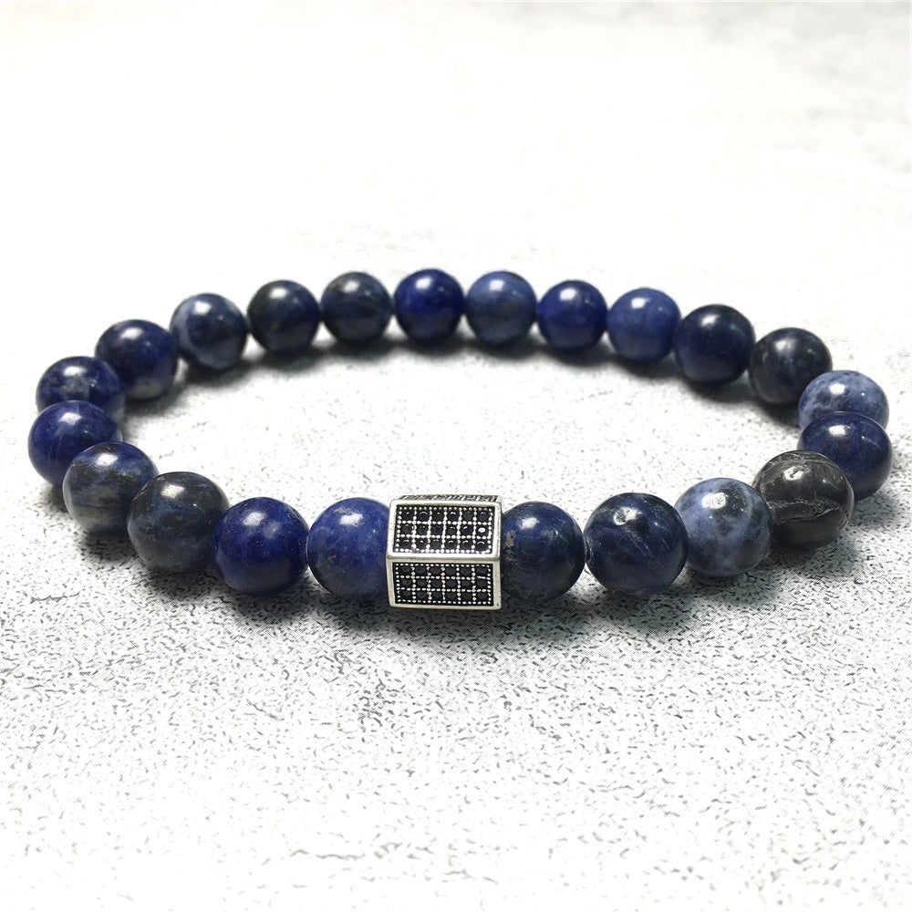 Black Striped CZ Charms Sodalite Stone Beads Elastic Rope Handmade Bracelets