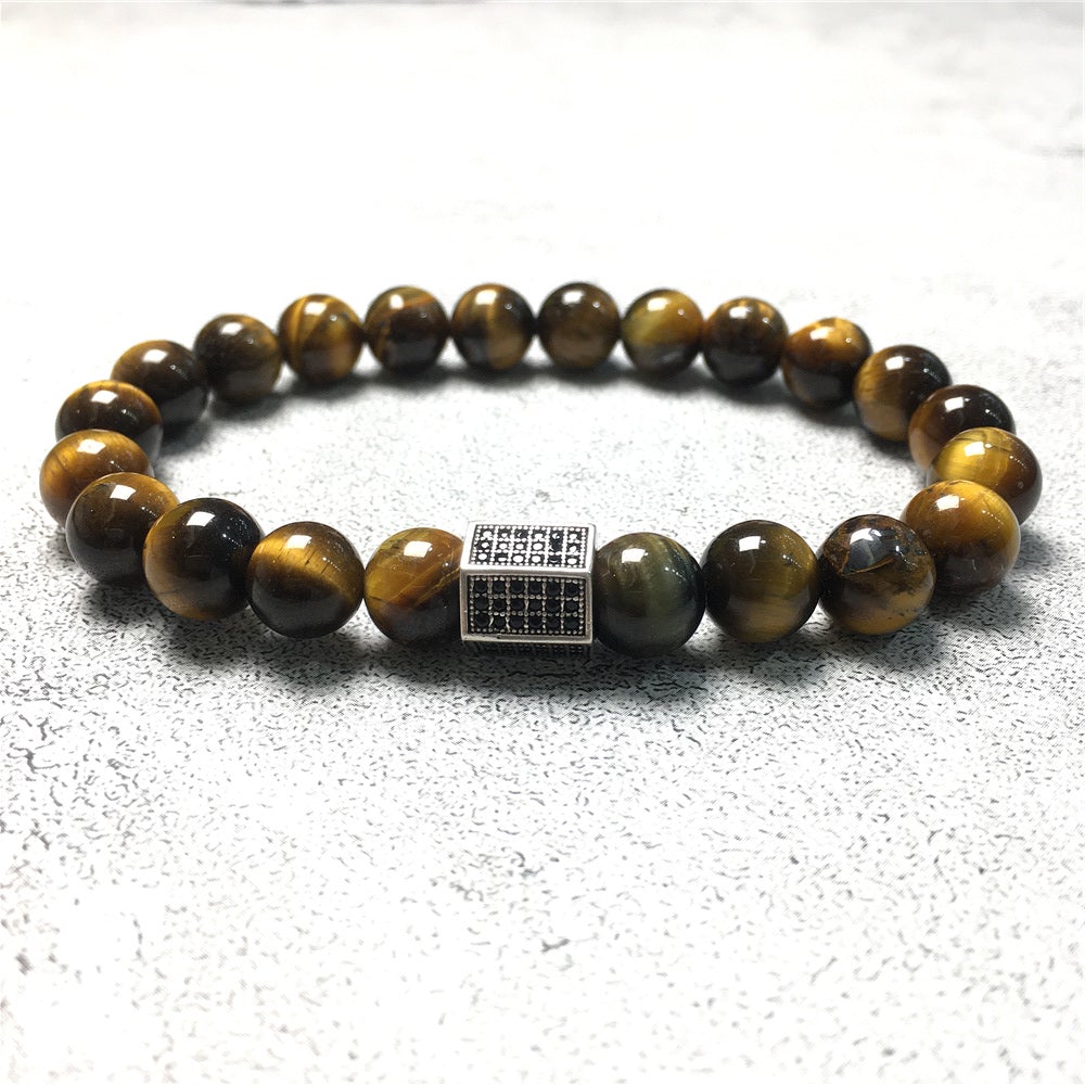 Black Striped CZ Charms Tiger Eye Stone Beads Elastic Rope Handmade Bracelets