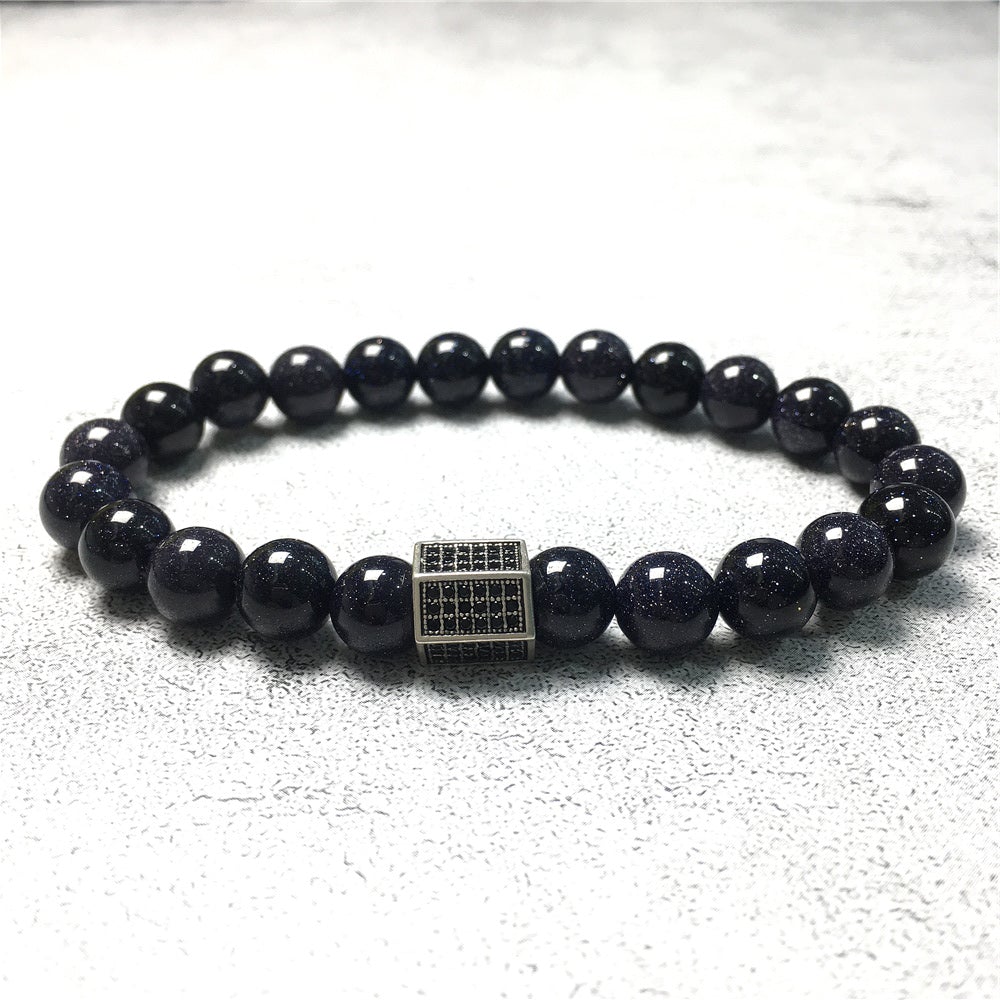Black Striped CZ Charms Blue Sandstone Stone Beads Elastic Rope Handmade Bracelets