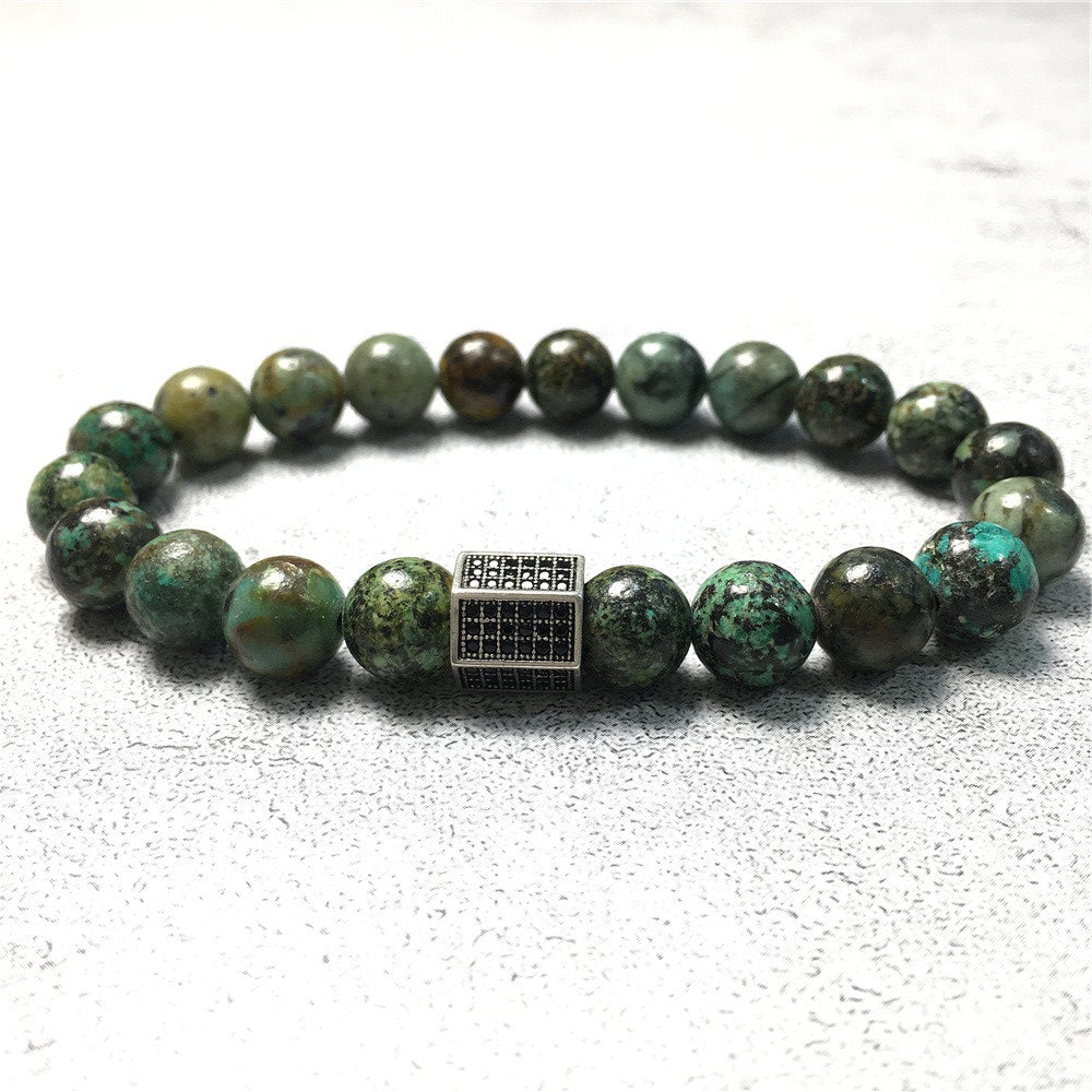 African Turqoiuse Stone Beads with Black Striped CZ Charms Elastic Rope Handmade Bracelets