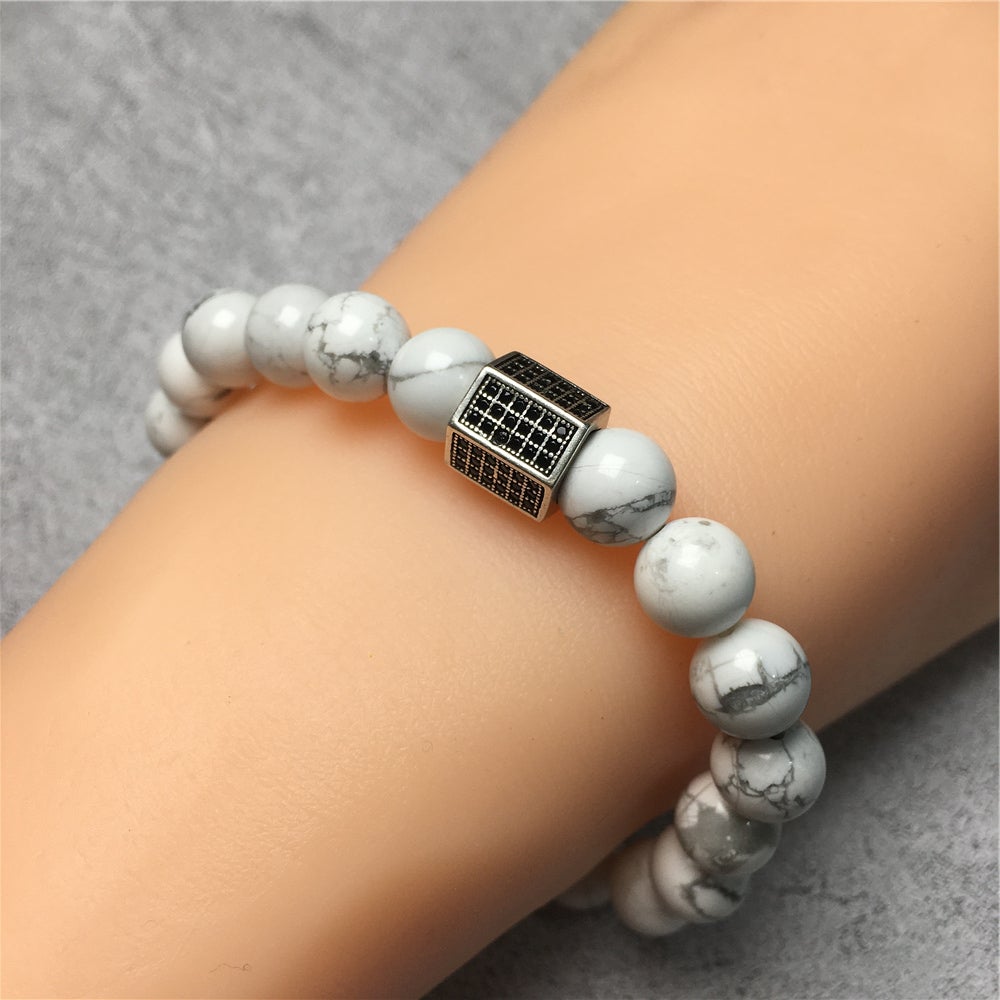 Black Striped CZ Charms Howlite Stone Beads Elastic Rope Handmade Bracelets