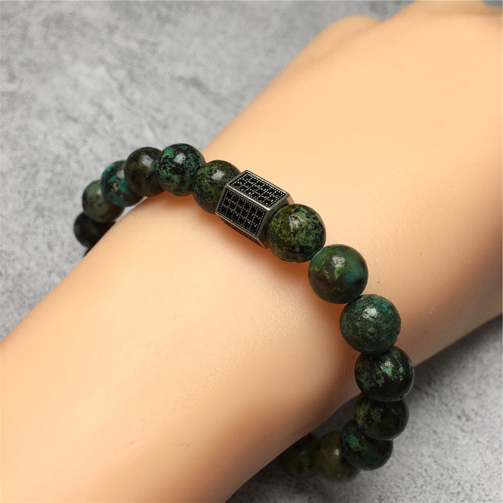 Lava Stone Beads with Black Striped CZ Charms Elastic Rope Handmade Bracelets