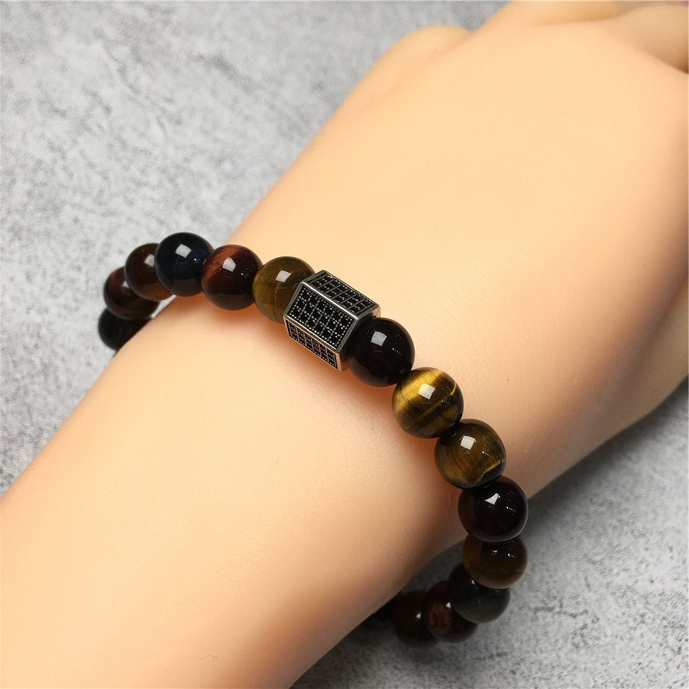 Multi Color Tigereye Stone Beads with Black Striped CZ Charms Elastic Rope Handmade Bracelets