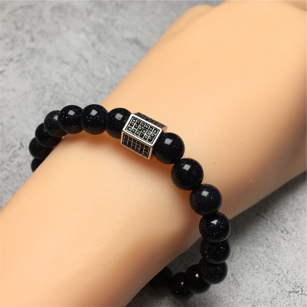 Black Striped CZ Charms Blue Sandstone Stone Beads Elastic Rope Handmade Bracelets