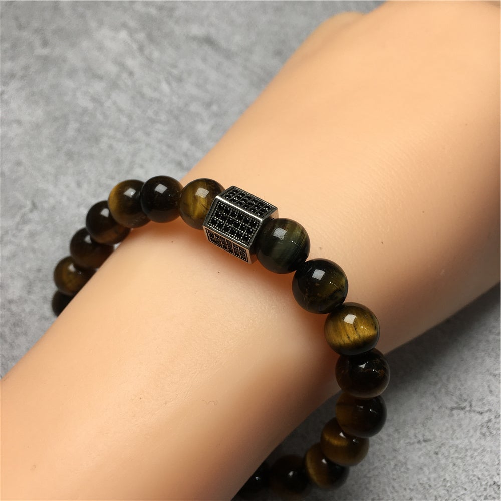 Black Striped CZ Charms Tiger Eye Stone Beads Elastic Rope Handmade Bracelets