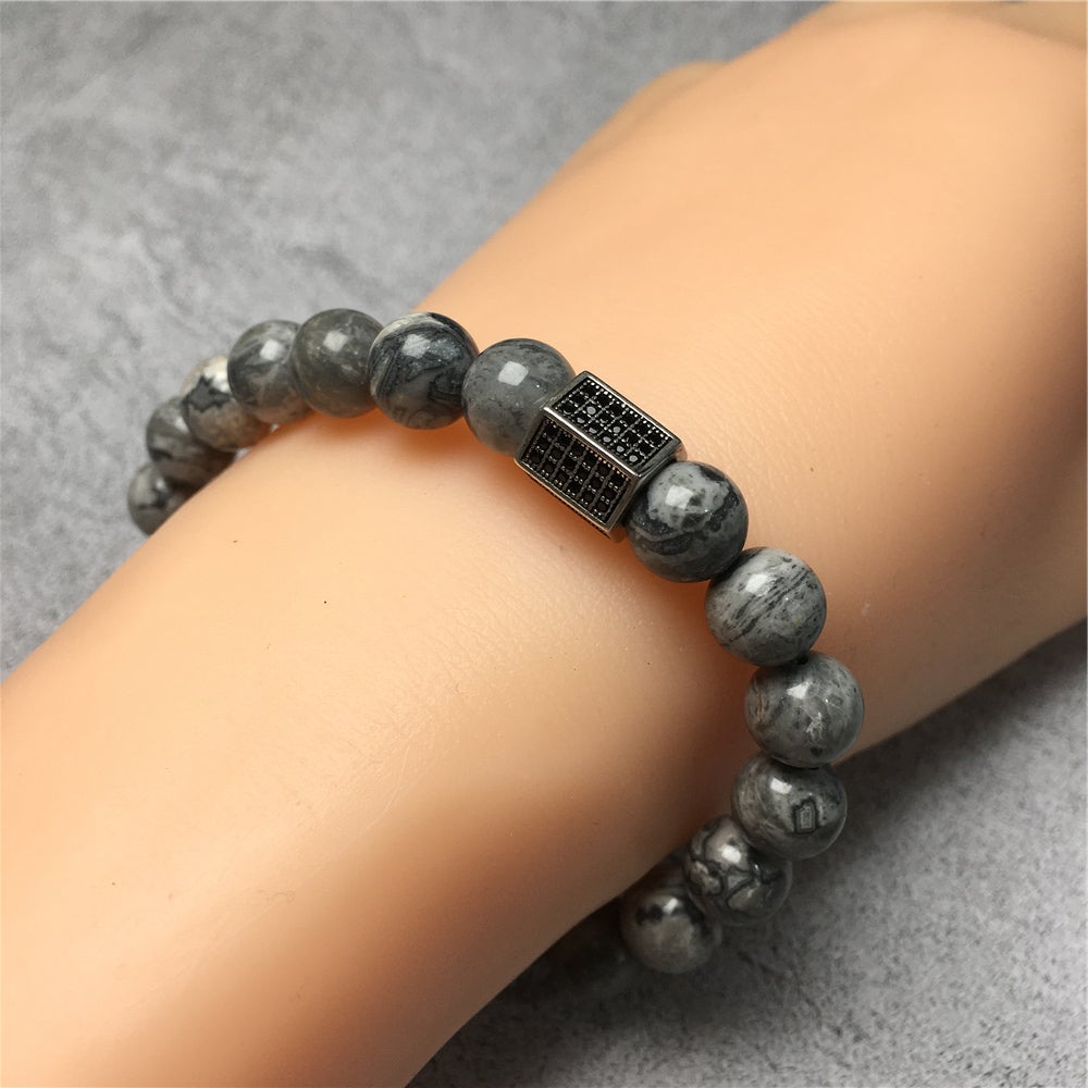 Map Stone Beads with Black Striped CZ Charms Elastic Rope Handmade Bracelets
