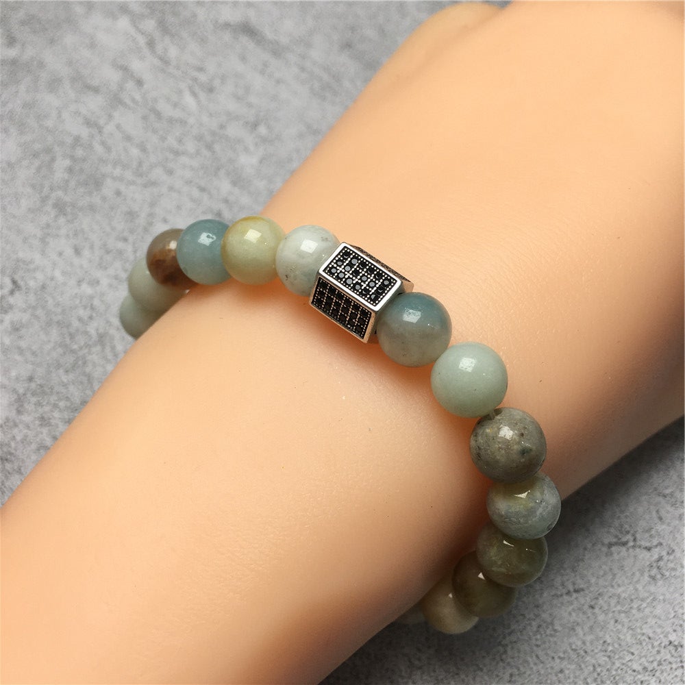 Amazonite Stone Beads with Black Striped CZ Charms Elastic Rope Handmade Bracelets