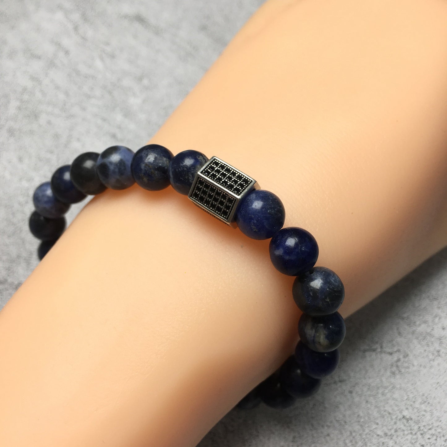 Black Striped CZ Charms Sodalite Stone Beads Elastic Rope Handmade Bracelets