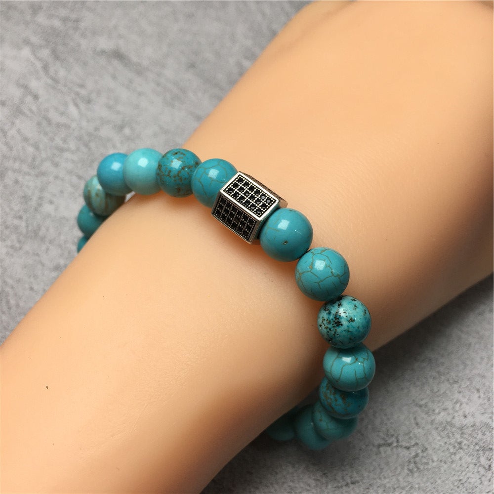 Blue Turqouise Stone Beads with Black Striped CZ Charms Elastic Rope Handmade Bracelets