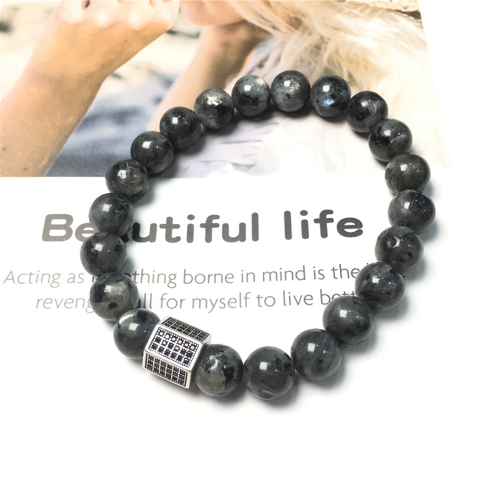 Labradorite Stone Beads with Black Striped CZ Charms Elastic Rope Handmade Bracelets