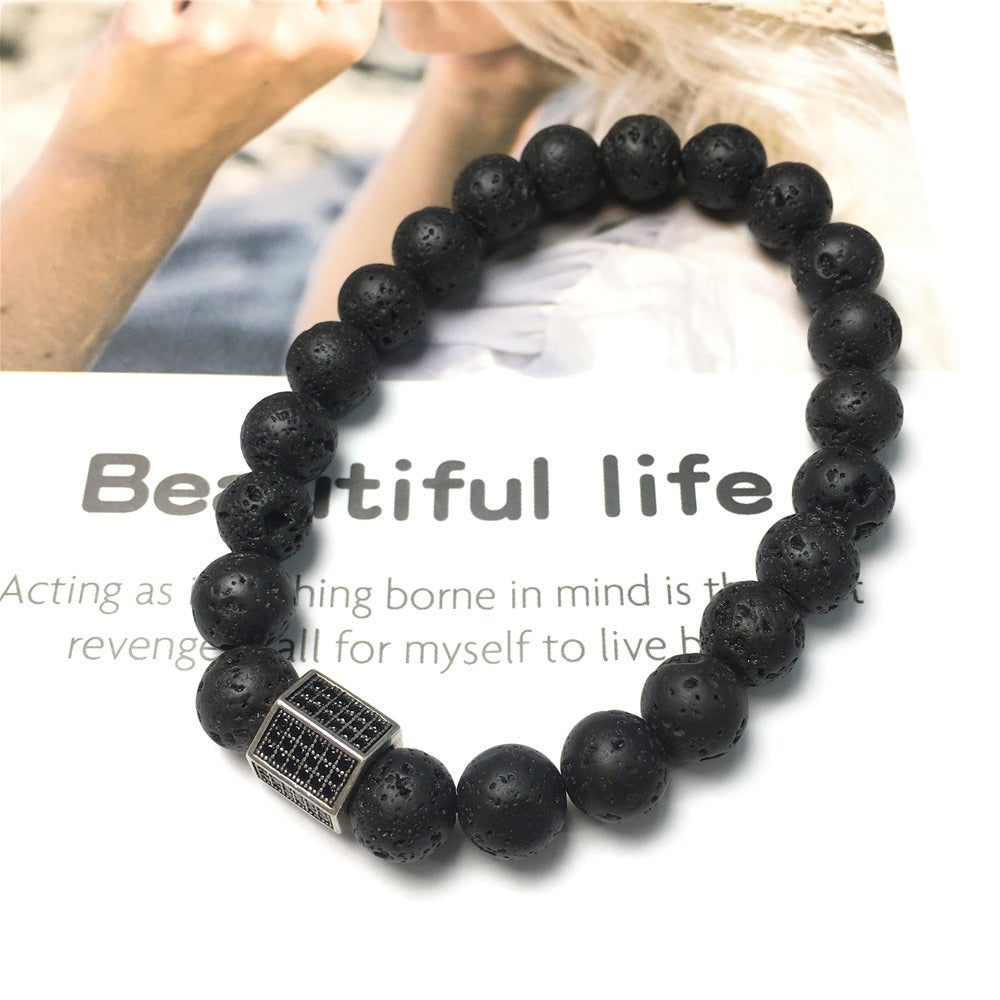 Lava Stone Beads with Black Striped CZ Charms Elastic Rope Handmade Bracelets