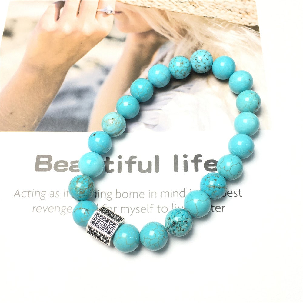Blue Turqouise Stone Beads with Black Striped CZ Charms Elastic Rope Handmade Bracelets