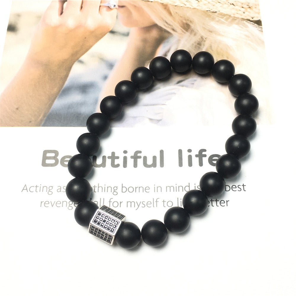 Black Matte Onyx Stone Beads with Black Striped CZ Charms Elastic Rope Handmade Bracelets