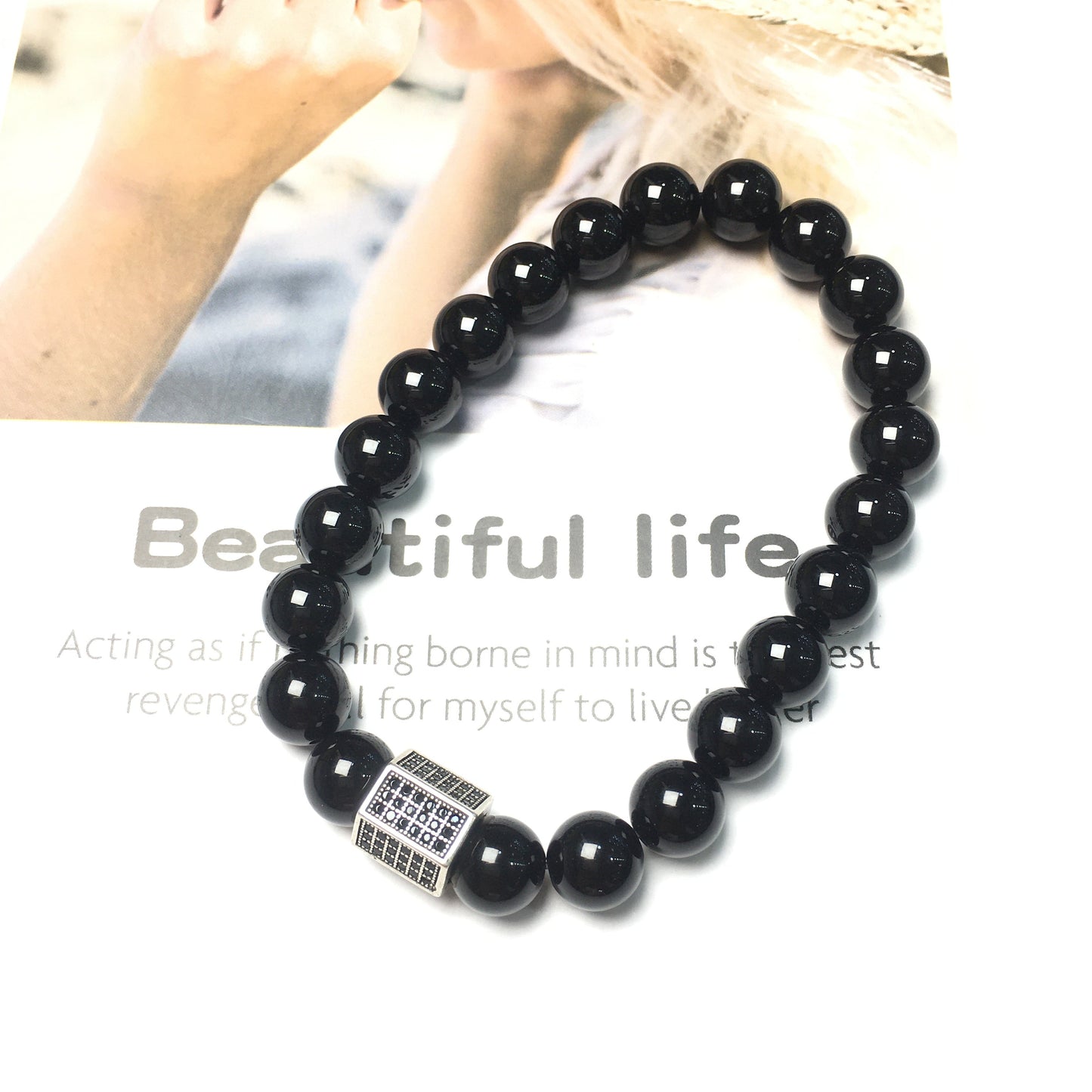Black Striped CZ Charms Black Onyx Stone Beads Elastic Rope Handmade Bracelets