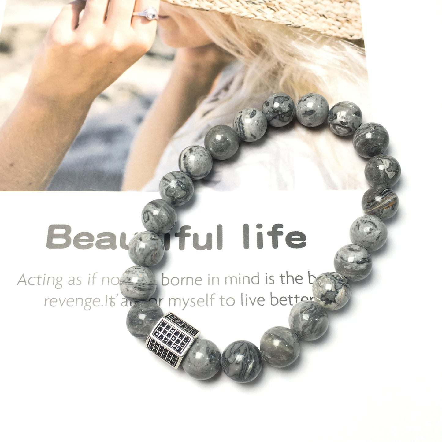 Map Stone Beads with Black Striped CZ Charms Elastic Rope Handmade Bracelets