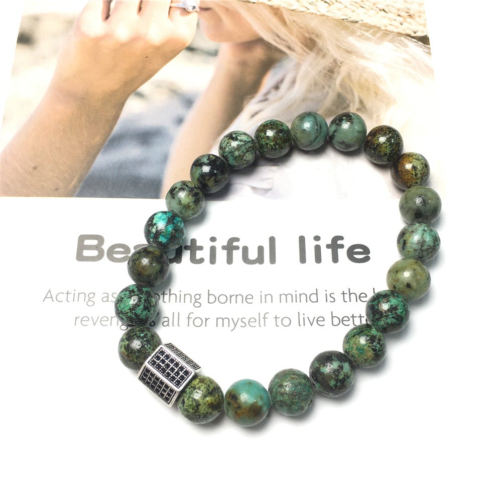 African Turqoiuse Stone Beads with Black Striped CZ Charms Elastic Rope Handmade Bracelets