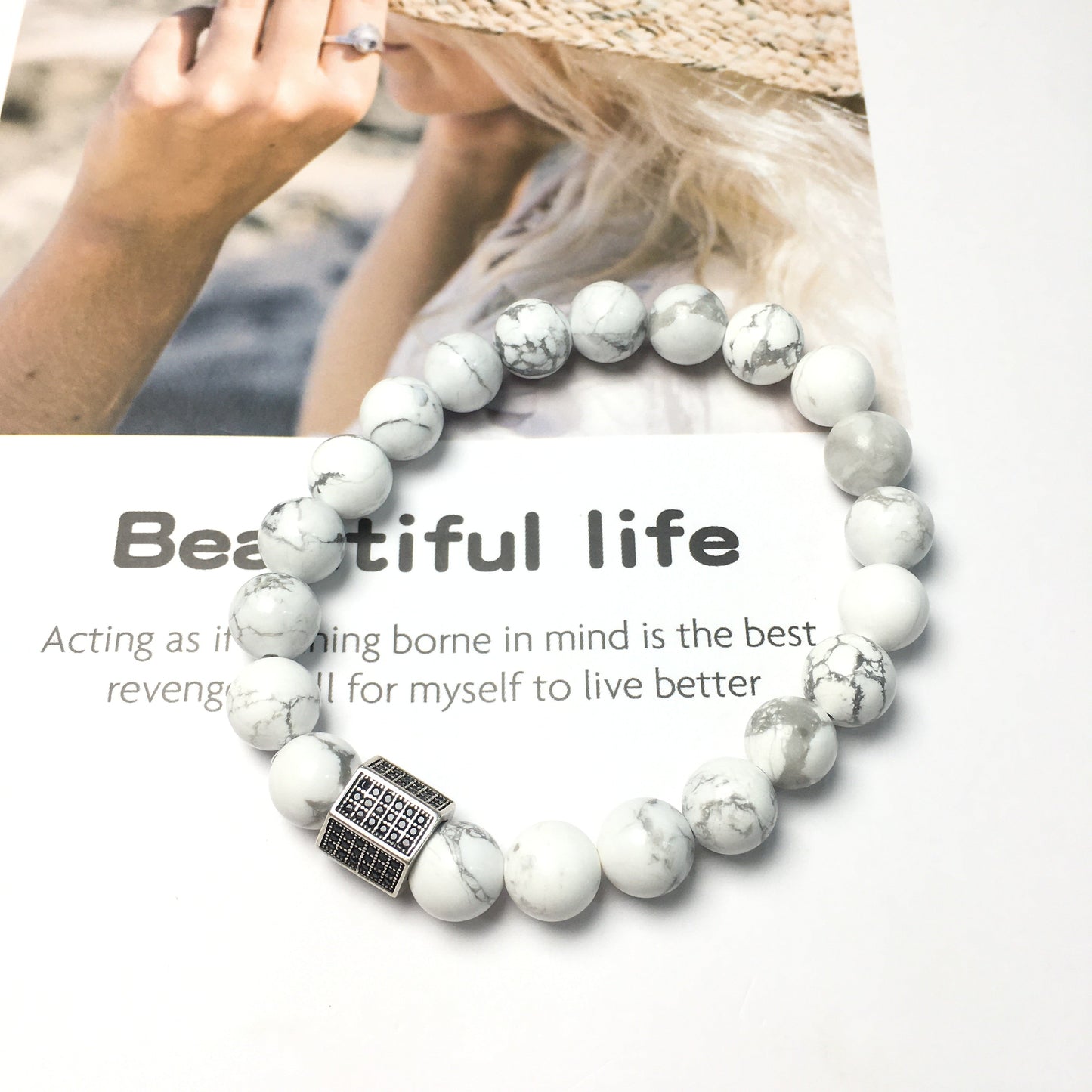 Black Striped CZ Charms Howlite Stone Beads Elastic Rope Handmade Bracelets