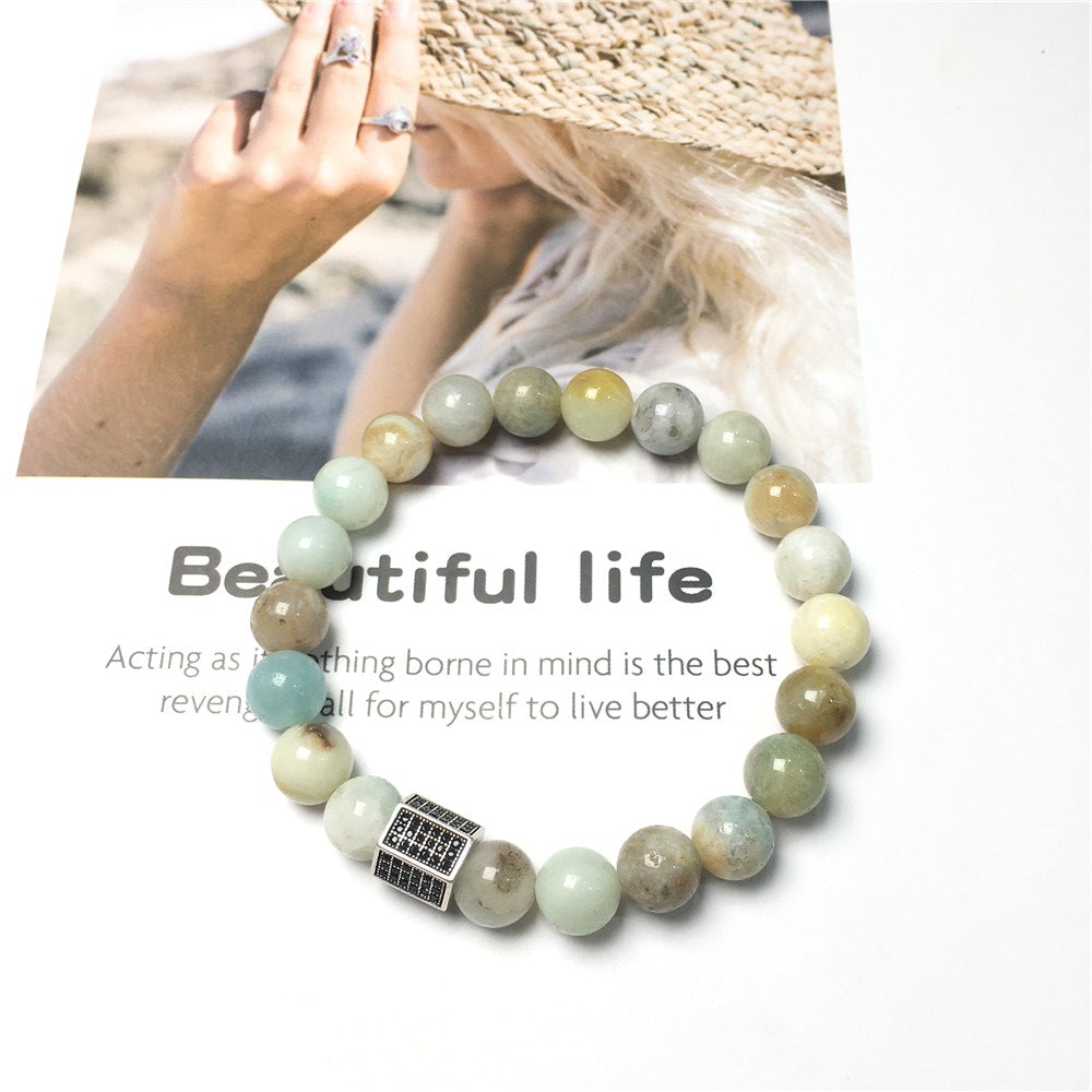 Amazonite Stone Beads with Black Striped CZ Charms Elastic Rope Handmade Bracelets