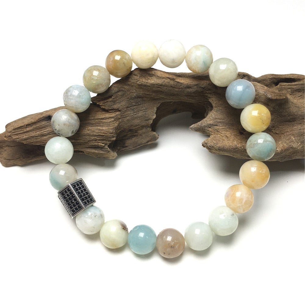 Amazonite Stone Beads with Black Striped CZ Charms Elastic Rope Handmade Bracelets