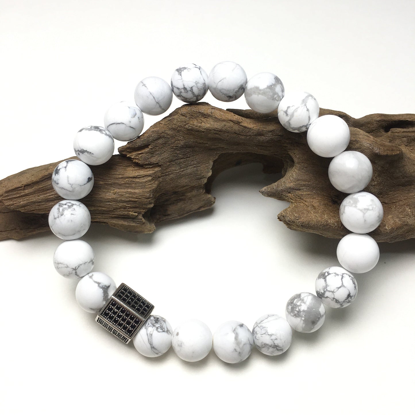 Black Striped CZ Charms Howlite Stone Beads Elastic Rope Handmade Bracelets