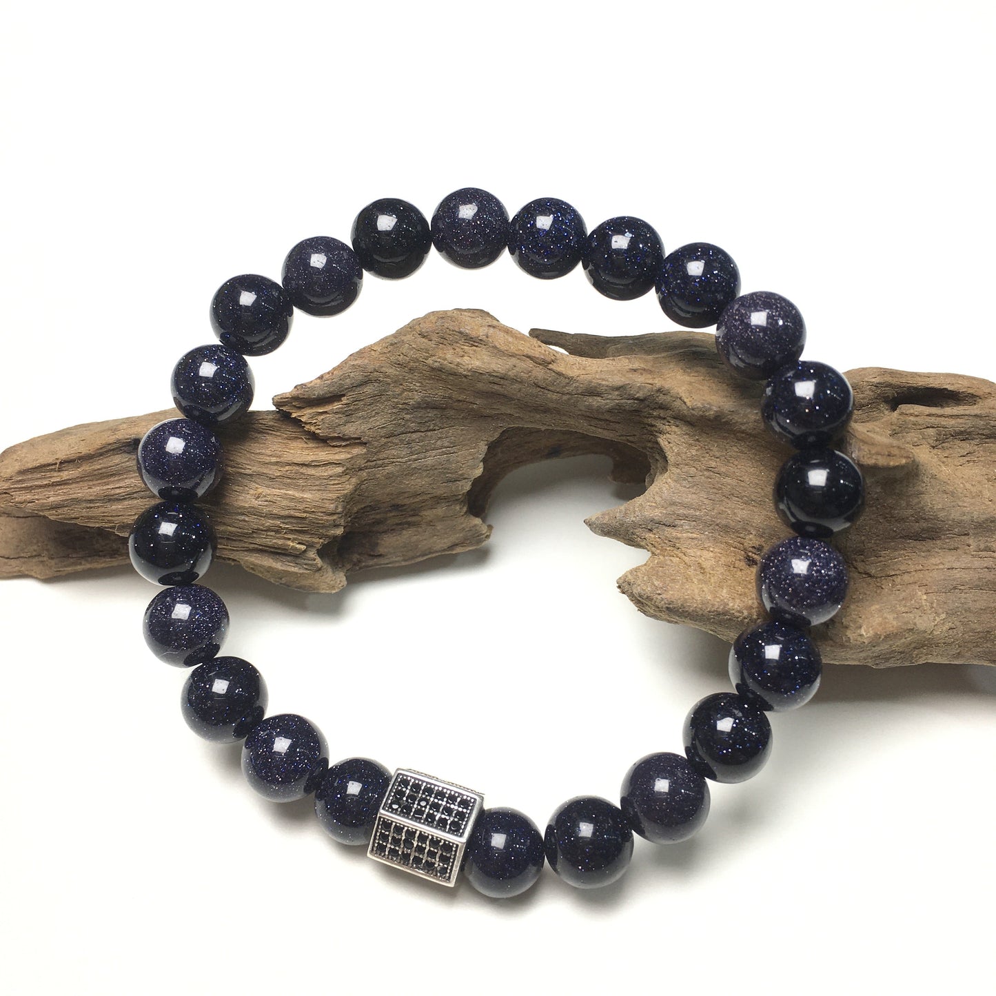 Black Striped CZ Charms Blue Sandstone Stone Beads Elastic Rope Handmade Bracelets